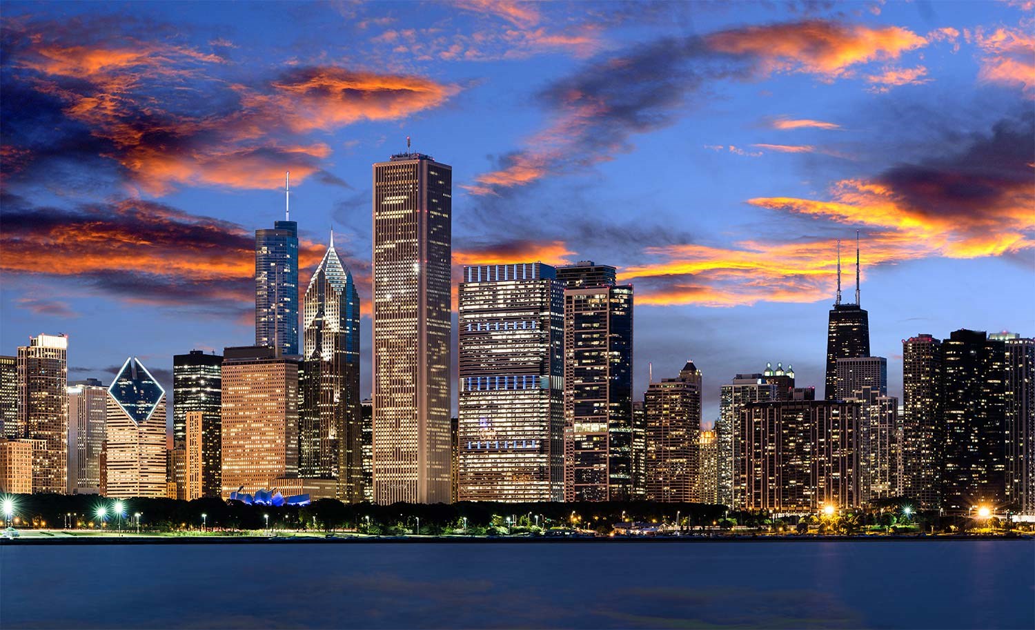Image of Chicago skyline at night. Error Page