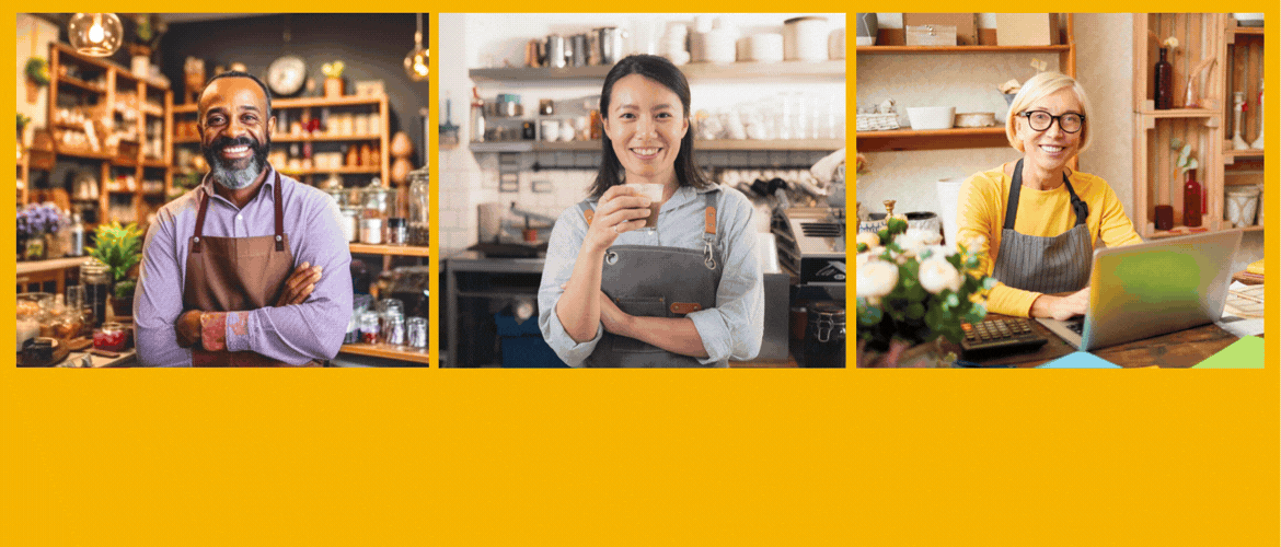 We Can Help Your Business Grow - Click for Small Business Services & Lending [Local shopkeepers smiling and looking into the camera in their office and store fronts]