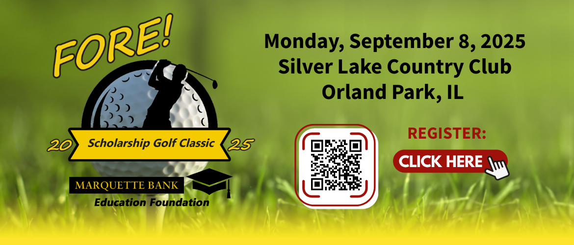 2025 Fore! Scholarship Golf Classic - Image of yellow / black plaid with logo of golfer on top of golf ball - September 9 - 9AM Shotgun Start - Silver Lake Country Club - Click to Register! 