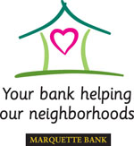 Marquette Bank Neighborhood logo - Your Bank Helping Our Neighbors - Green house with pink heart in the middle - with Marquette Bank in Gold Lettering on black background at the bottom