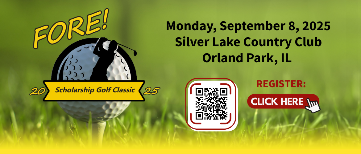 2025 Fore! Scholarship Golf Classic - Image of yellow / black plaid with logo of golfer on top of golf ball - September 9 - 9AM Shotgun Start - Silver Lake Country Club - Click to Register! 