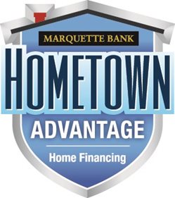 Hometown Advantage blue shield logo with gold "Marquette Bank" on black box on top of "Hometown Advantage" shield in blue with "Home Financing" in white on bottom of shield