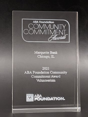 ABA Community Commitment Award - Marquette Bank - Chicago, IL - 2021 ABA Foundation Community Commitment Award - Volunteerism - Clear Trophy
