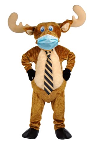 Marquette Bank Mascot "Marty the Moose" standing and wearing a tie and facemask.