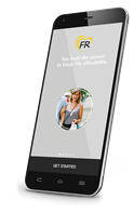 Cell phone image with FunRewards logo - "You hold the power to keep life affordable" - image of woman in a circle with grey background.