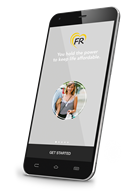 Cell phone image with FunRewards logo - "You hold the power to keep life affordable" - image of woman in a circle with grey background.
