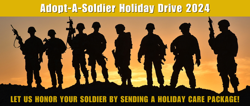 Adopt-A-Soldier Banner with silhouettes of soldiers with a sunset background