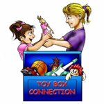 Toy Box Connection - Logo - Woman handing child a doll out of a toy box filled with other toys.