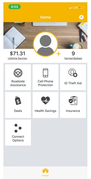 Home screen image of FunRewards App displaying all benefits and icons for benefits
