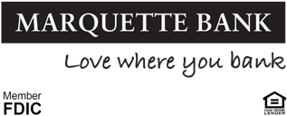 519 px x 209 px "Marquette Bank" white lettering inside of black box with black "Love Where YOu Bank" lettering and "Equal Housing Lender" and "Member FDIC" in black lettering